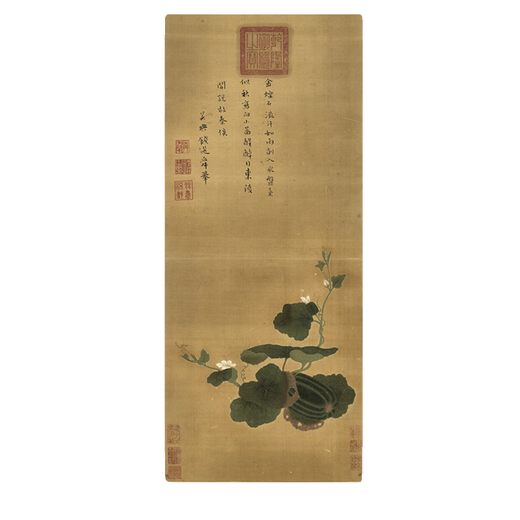 Yuan Qian chooses autumn melon pictures ancient flower and bird painting scroll literati replica antique painting Chinese hanging painting Yuan Li Zhi bamboo and stone pictures 12809 30X70 cm (spraying painting heart size) G