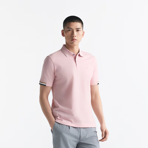 BOSS [100% cotton] Men's business casual slim fit short-sleeved POLO shirt 688-light pink L