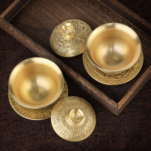 Shangjiabang brass tea cup, copper tea bowl, pure dragon and phoenix covered bowl tea set, Chinese style handicraft ornaments, tea ceremony three-piece set, living room, Wuniu tea can 655g single