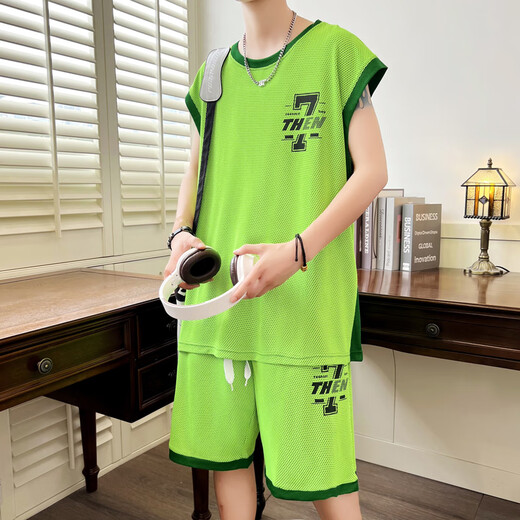 Pei Shiyans Sommer-Eis Silk-ärmellose T-Shirt Boy 12-15 Jahre alte Junior- und Senior High School-Schüler Big Children's Weste Basketball Uniform Sportanzug Trend 6636 Blue Weste + Shorts M 80-100jin [Jin gleich 0,5 kg]