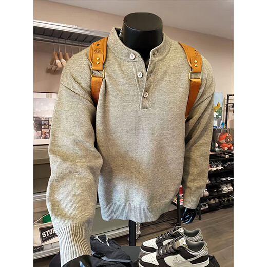 Katuchi American Henry collar sweater for men in spring and autumn trendy lazy style cleanfit inner layering base sweater jacket light gray 2XL