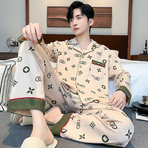 浪莎新款男士睡衣春秋纯棉长袖开衫全棉秋季大码感家居服套装 9902 L (100-125斤)