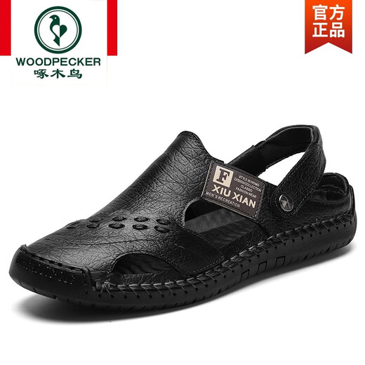 Sandales de marque Woodpecker pour hommes, couche supérieure en cuir véritable, sandales d'été respirantes, antidérapantes, chaussures de plage décontractées à semelles souples, noires A689 41