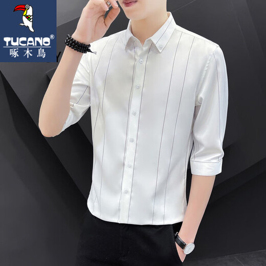 Woodpecker short-sleeved shirt men's summer new three-quarter sleeve shirt Korean style trendy mid-sleeve ice silk striped shirt top DC677 white quality ice silk style L 105-115Jin Jin equals 0.5 kg
