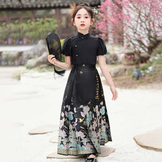 
Baaober Chinese style girl Hanfu summer new Chinese performance costume set new Tang suit horse face skirt girl summer Ming style black plus 2687 white 130cm