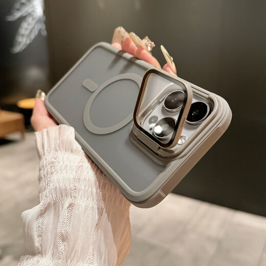 韵宁 适用于iPhone15Promax手机壳苹果14pro高级感磁吸无线充13全包翻盖镜头支架17pro磨砂防指纹保护 【钛灰色】护镜支架磨砂磁吸壳 iPhone15Promax