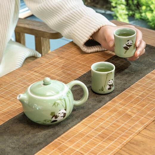 Bengong’s Good Things Panda Calligraphy Peripheral Tea Set Three-piece Tea Set Gift Box Chinese Style Housewarming Birthday Gift Thanksgiving Day (1 Pot 2 Cups) 3 Pieces