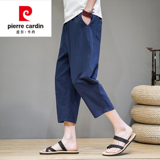 Pantalones cortos de lino Pierre Cardin, pantalones cortos de estilo chino para hombre, pantalones deportivos informales sueltos de algodón puro fino de verano 2025 K681 Navy L