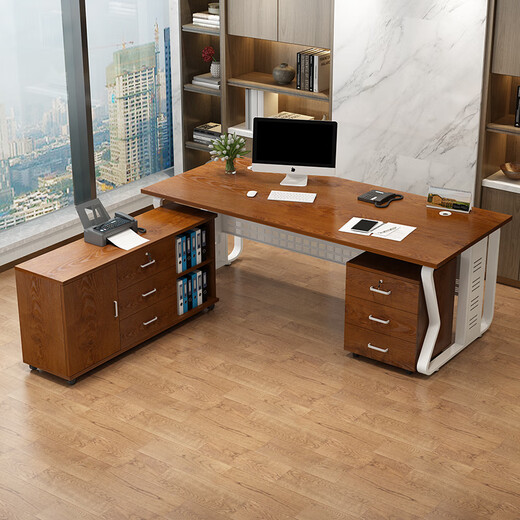 Fu Mei desk boss desk modern simple steel wood executive desk leader desk president manager desk computer desk and chair combination light walnut desktop + white shelf 120*60 single table thickened 25mm desktop