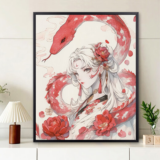 TVAJdiy钻石画填充满钻国潮新中式蛇年新年少女手工带框装饰画 YJ13533 圆钻-画布70X90厘米+工具