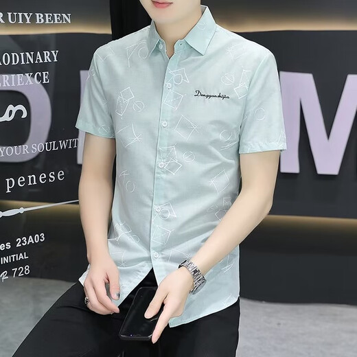 唐号夏季衬衫男短袖印花休闲帅气韩版修身潮流百搭男装衬衣半袖衬衫男 826蓝色 3XL