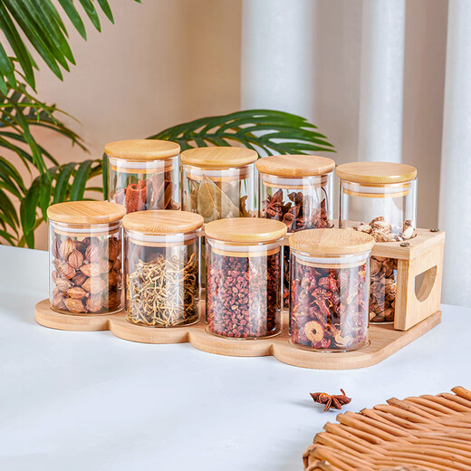 Zhenxiqi spice storage box combination set sealed jar glass kitchen household dried chili condiment sub-package seasoning bottle jar short model * 4 + tall model * 4 + storage rack