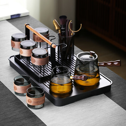 Qirun high-end ash glass tea set tea tray office living room tea cup anti-scalding heat-resistant teapot transparent bamboo pot nine-piece set (tea tray)