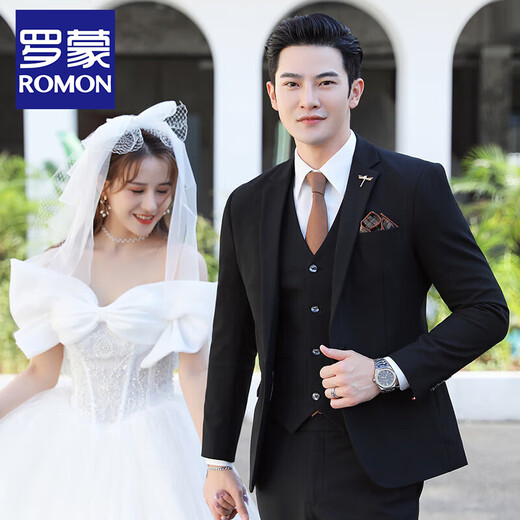 ROMON groom wedding suit men's suit dress British suit three-piece suit Korean version slim business casual professional formal suit TZ850 dark gray one-button suit + trousers + vest XL recommended 125-135 Jin Jin equals 0.5 kg