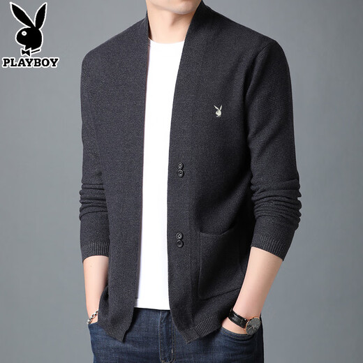 花花公子（PLAYBOY）长袖开衫男装春季新款复古外套男针织毛衣秋冬韩版羊毛开衫男线衣 黑色 180/XXL