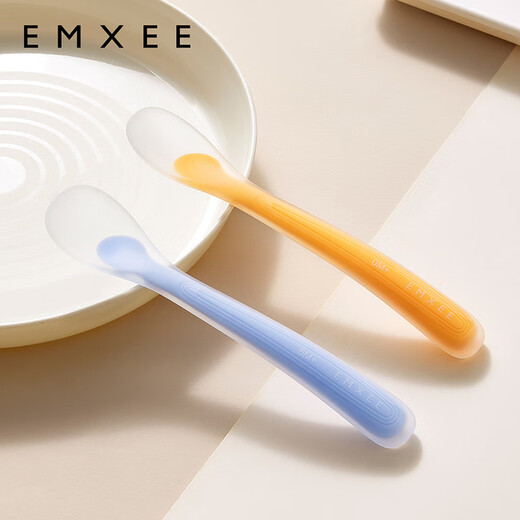 嫚熙（EMXEE）宝宝硅胶软勺餐具婴儿喂奶喂水勺子儿童吃饭辅食碗勺2支 晴空蓝+赤霞橙