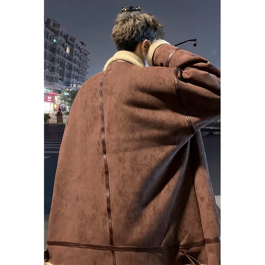 Poke Suede Cotton Jacket Men's Winter American Retro Trendy Brand Motorcycle Jacket Plus Velvet Thickened Warm Lamb Wool Jacket XZ218-7-M102 Dark Brown