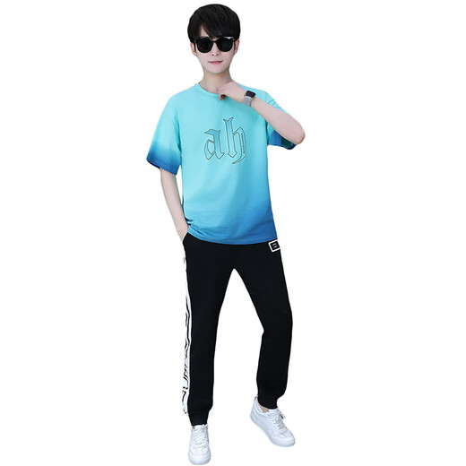 Zhaoxun 12-15-jähriger Boy T-Shirt-Anzug 13 Schüler der Junior High School Kurzärärmelte T-Shirt Fat Boy Handsome Sommeranzug 14 Big Boys 9226 Blau (kurzärmelige + lange Hosen) S 160 (60-75 Jin [Jin gleich 0,5 kg]))