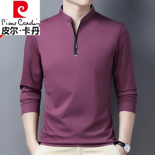 皮尔卡丹（pierre cardin）高档纯棉长袖t恤男士新款拉链款立领中青年大码针织舒适polo.衫潮 加绒6625玫红 加厚 M 165建议120斤以内