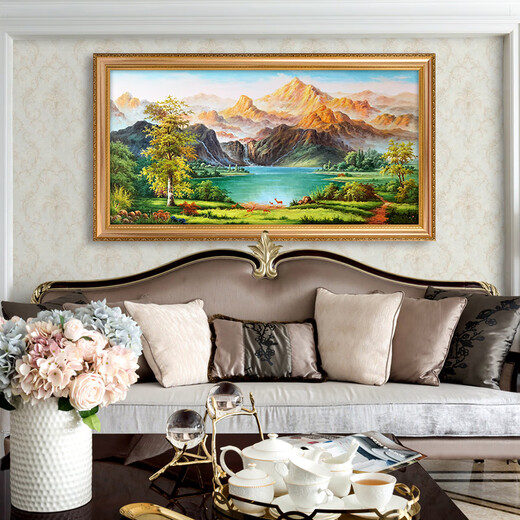 帝旗日照金山聚宝盆山水油画手绘风景画客厅沙发墙装饰画办公室挂画 《宝地生金》 -692金实木框 200X90