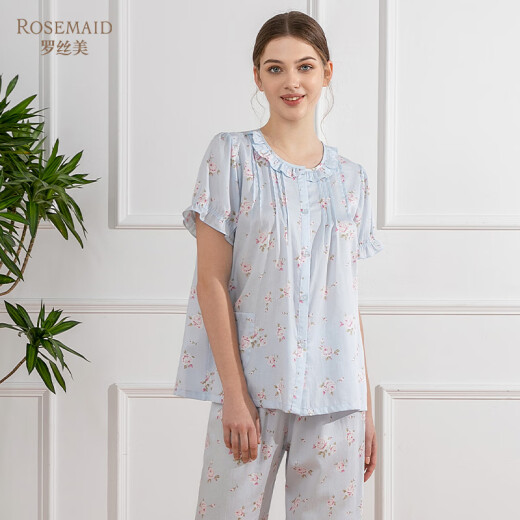 Roseme Roseme Spring and Summer New 14065 Pure Cotton 60 Tribute homenaje Estampado Rose Rose Collar completamente abierto Pajama de manga corta Set azul 160 (M)
