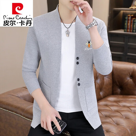 皮尔卡丹（pierre cardin）羊毛针织衫男士外套春秋季高档潮牌刺绣修身薄款毛衣男外搭上衣 6818卡其色【针织开衫】 XL