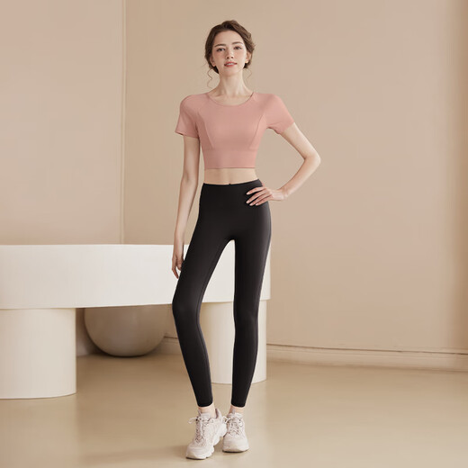 LULU CENTURY yoga clothes for women, breathable quick-drying short-sleeved tops, summer running sports, Pilates training, fitness dance clothes for women, gray brown trousers M (100-115Jin Jin equals 0.5kg)