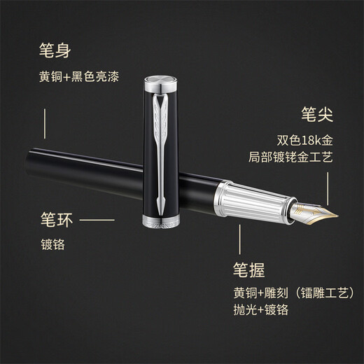 派克（PARKER）高端钢笔 商务办公送礼生日礼物定制套装 18k金笔尖 精英泰坦黑白墨水笔+木制礼盒