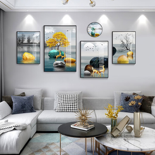 
Mohu (mohu) living room decoration painting sofa background wall mural modern simple landscape landscape painting TV wall high-end new style hanging painting Fulu Xiangsui 15941 (including wall clock) tempered crystal porcelain large combination - black frame