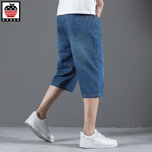 
AEMAPE apple pure cotton denim shorts men's summer thin casual cropped pants men's straight loose wide legs 7 minutes large size 1391# light blue 29 (2 feet 2)