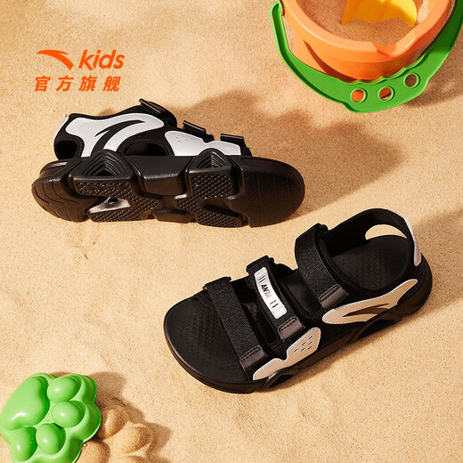 ANTA Children's Sandals Men's and Women's Shoes 2025 Summer New Summer Velcro Lingbo Open Toe Arch Beach Shoes Boys Black/Silver-8 39