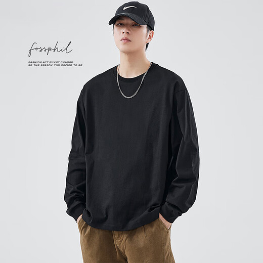 Foss Phil trendy brand T-shirt men's autumn and winter solid color versatile pure cotton long-sleeved sweatshirt casual top bottoming FPCT6 white L