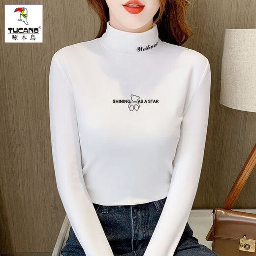 Woodpecker German velvet half-turtle collar bottoming shirt for women in autumn and winter slim fit warm plus velvet bear top new long-sleeved T-shirt Charming apricot thickened double-sided velvet L Recommended 105-120Jin Jin equals 0.5 kg