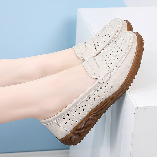 Meisiniao (Meisiniao) Frauenschuhe für Sommer-Mutterschuhe weiche Sohle Kuhlattenschuhe Komfortable mittlere und ältere Single-Schuhe Nicht-Schlupf-Rindfleisch-Sehnen-Rindfleischschuhe für Frauen 826 Beige (ausgehöhlt) 38