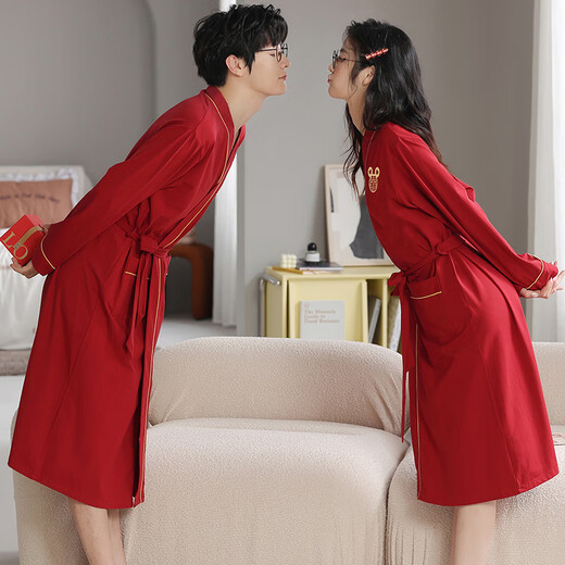 浪莎（LangSha）红色结婚情侣睡袍一男一女纯棉喜庆新婚睡衣浴袍家居服高档礼盒装 9926【礼盒装】 女L+男L