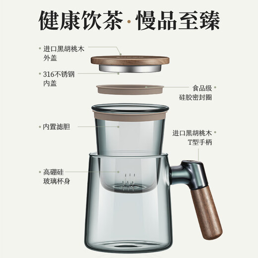 SUPOR SUPOR glass tea cup, tea and water separation, small cup for office tea ceremony, personal use, high-end and exquisite spout, 470mL high borosilicate tea ceremony glass, high temperature resistance/with handle