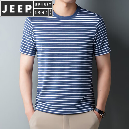JEEP SPIRIT夏季加肥加大码胖子海魂衫短袖T恤男士中老年宽松蓝白条纹海军衫 9866蓝色 XL 180