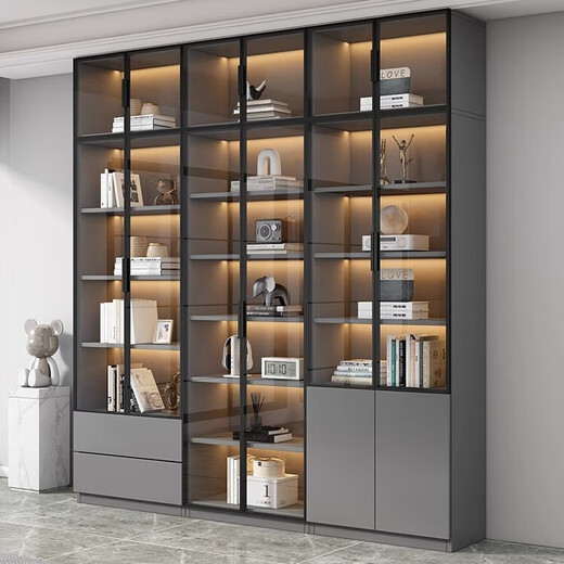 Caixiang bookcase with glass door display wine cabinet home living room hand-made integrated wall to top solid wood walnut color bookshelf 40 single door walnut color installation included standard version delivered to the home