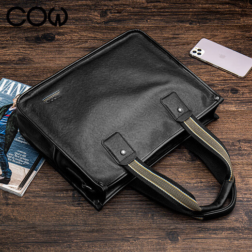 
COW briefcase men's hand-held business bag genuine leather top layer cowhide horizontal computer bag casual men's bag C-8621 black