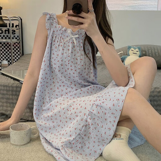 
YIMENGTO Yimen Camel Summer Girls' Desire Cotton Gauze Sweet Cherry Sling Loose Vest Nightgown Home Clothes cx-9272#Cherry Bear 2XL