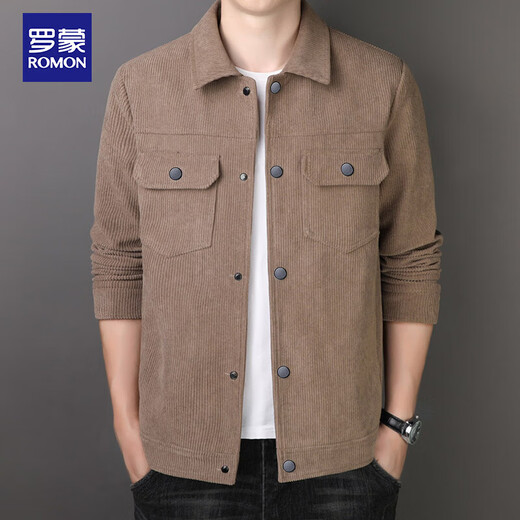 Romonjacke Herren Frühling und Herbst Trendy Revers Solid Color Top Business Executive Corduroy Jacke Herren 2270 Khaki XL