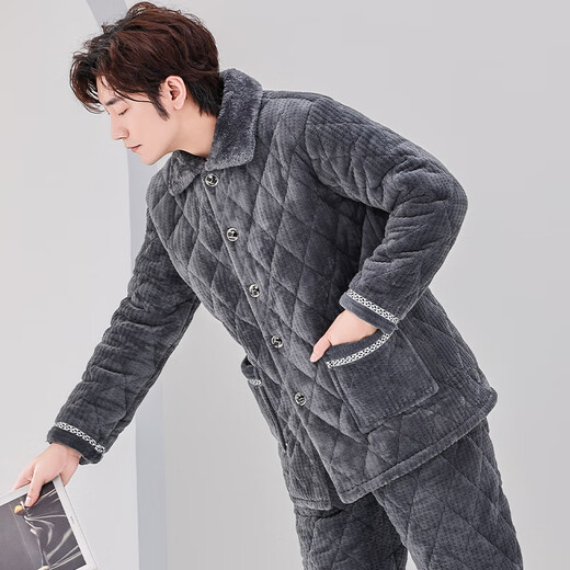 
Xuanduoqi pajamas men's three-layer thickened coral velvet cotton flannel warm home clothing set autumn and winter style C9903# black gray men [milk velvet] XL (125-145Jin [Jin equals 0.5 kg]) three-layer thickened