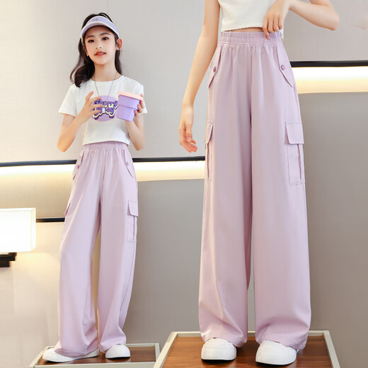 Nickybaby Summer Girls Wide Legs Детские брюки Ледяные шелковые брюки 2025 Новый комар -репеллентный брюк девочек -летние брюки 15029 Pink Purple + 9889 White [Set] 160