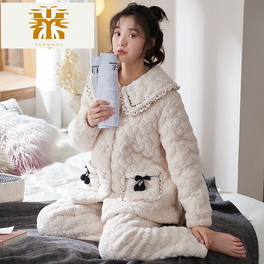 FMSERUIOS轻奢高档珊瑚绒夹棉睡衣女士冬季三层加厚加绒家居服女冬款法兰绒 MFB12157女 M