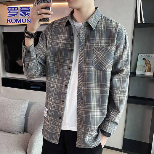 ROMON long-sleeved shirt men's autumn and winter loose men's shirt trendy plaid casual shirt jacket gray 2XL