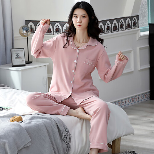 Modal 2024 Nuevo pijama de celebridades de Internet para mujeres en primavera y otoño, con almohadillas en el pecho, mangas largas, juego de ropa para el hogar de invierno de gran tamaño sencillo WRQS-12809 rosa (versión sin almohadillas) XL (recomendado 162-170 cm, adecuado para el peso 12
