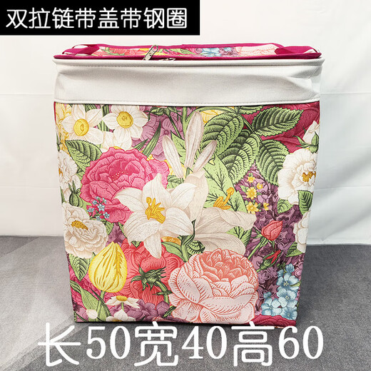 Fantasy clothes storage bag organizer bag three-layer thickened canvas zipper storage box with lid moisture-proof large-capacity quilt foldable three-layer thickened canvas 60 liters peony