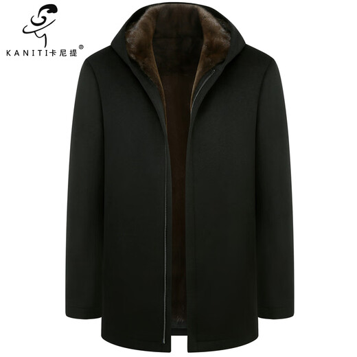 Caniti 100% cashmere hooded parka with imported mink lining, men's Nick mink coat, thick winter coat, black + imported mink lining + mink sleeve lining 4XL