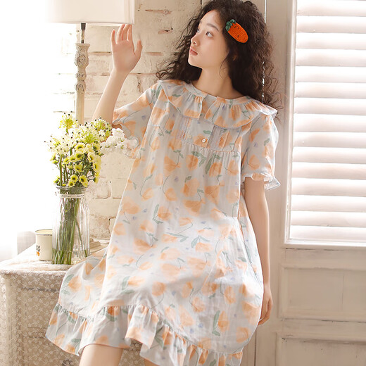 Yalu Summer Women's Pure Cotton Double-couche Gauze Gauze Nightgown japonais Sweet and Cute Short à manches à manches courtes moyennes Pyjamas à domicile 3893 Rose broderie L: (suggéré 110-125 Jin [Jin est égal à 0,5 kg]))