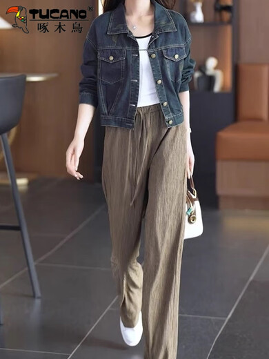 啄木鸟牛仔短外套女2025年秋季新款洋气复古百搭显瘦牛仔夹克上衣外套 蓝色 L  建议体重110-120斤